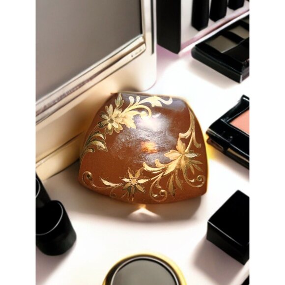 Vintage Signed Elgin American Brown & Gold Enamel Floral Powder Compact - Picture 1 of 3